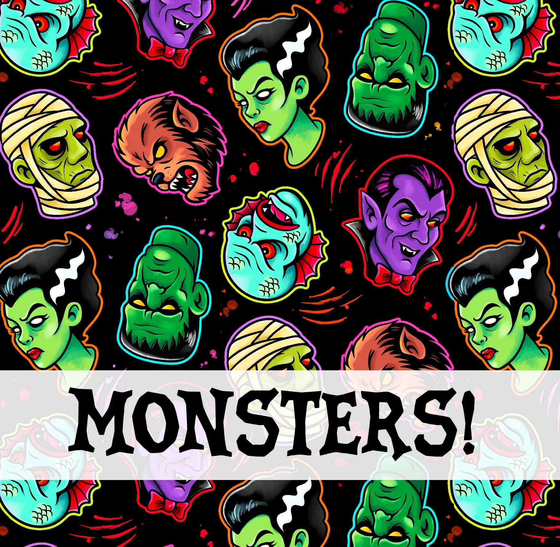 Padrão colorido de cabeças de monstros clássicos com texto MONSTERS!