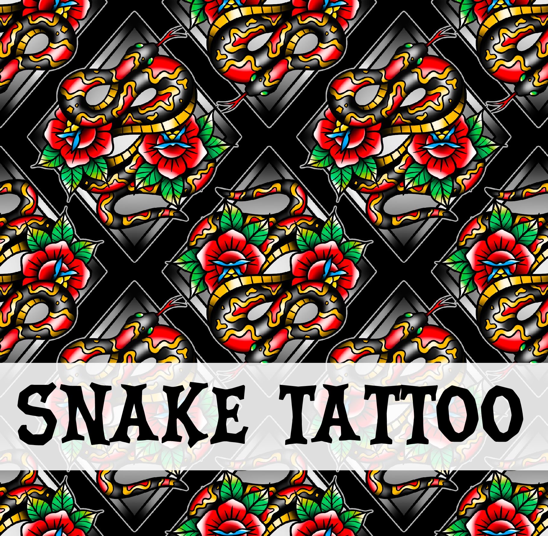 Padrão de tatuagem com cobras e flores com texto SNAKE TATTOO