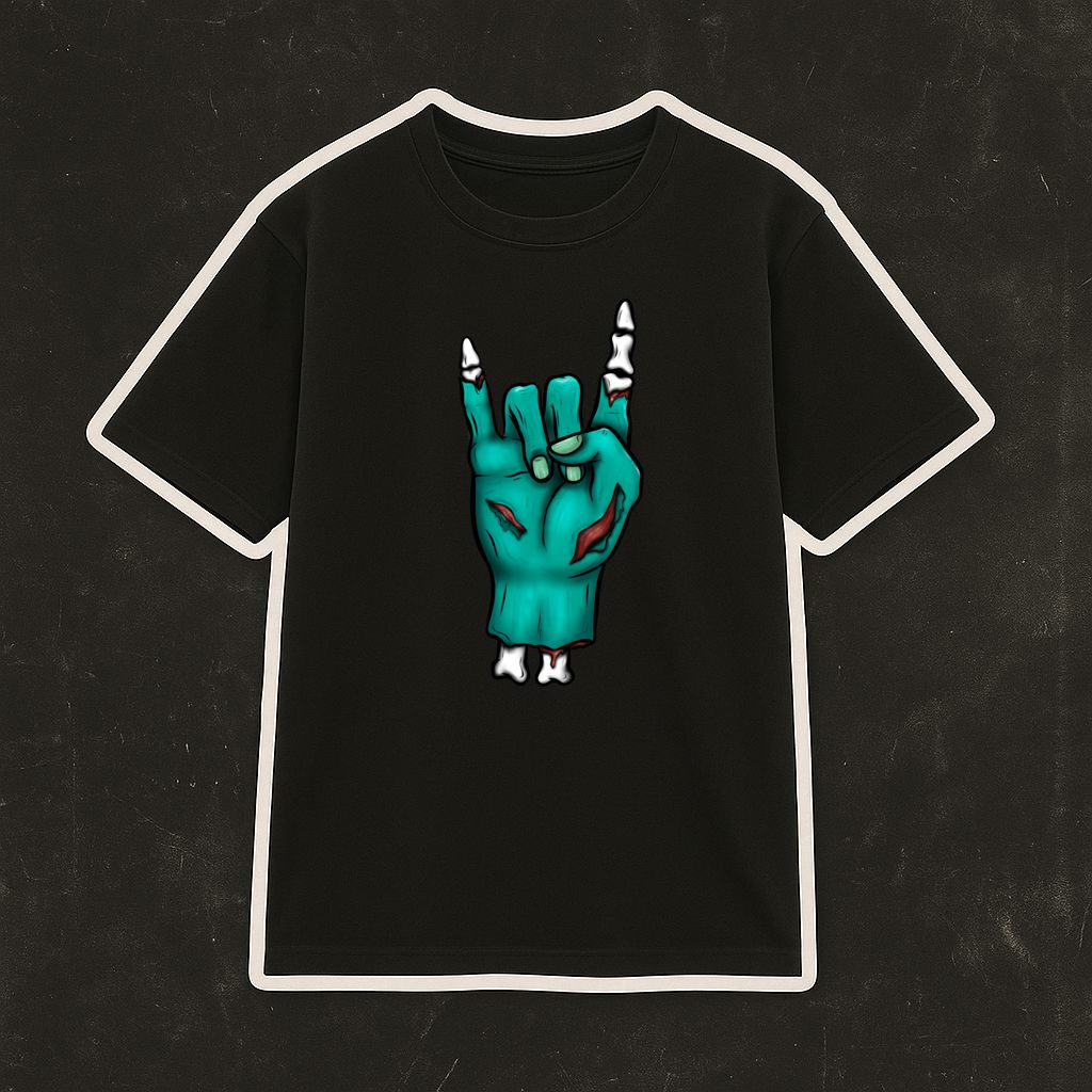 T-shirt preta com estampa de mão verde no gesto do rock