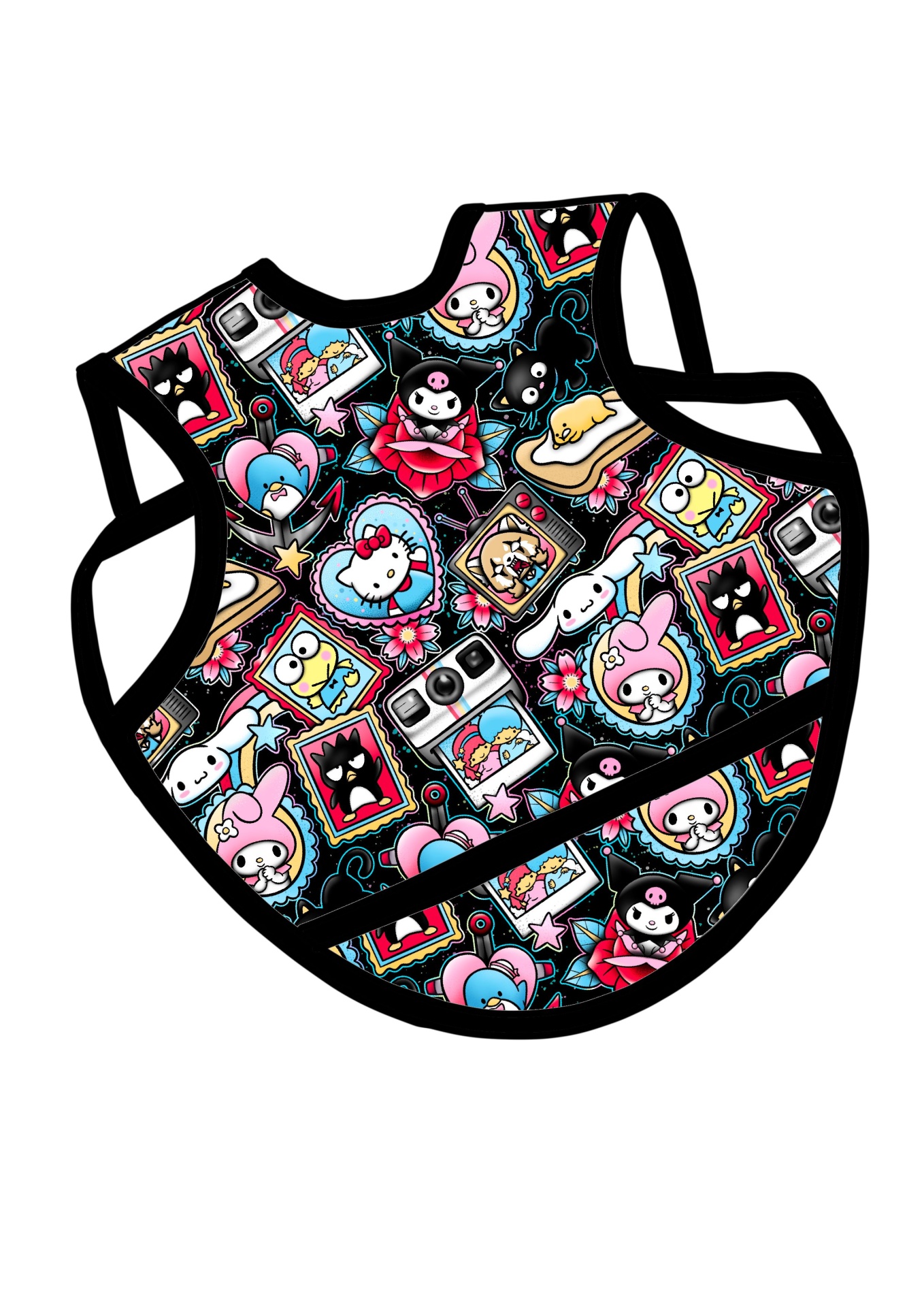 Babete preto com padrão colorido de personagens desenhados