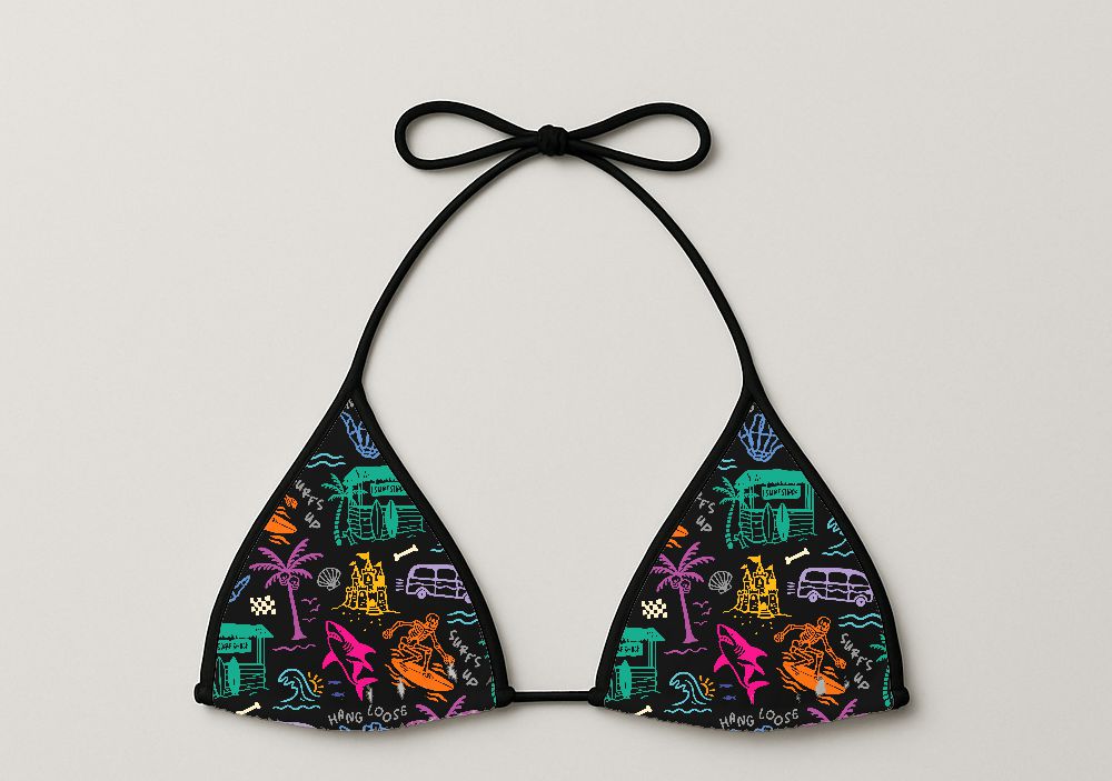 Parte superior de biquíni preto com padrão colorido e cordas finas.