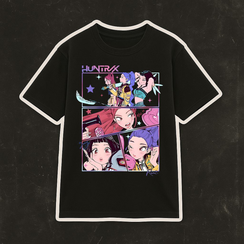 T-shirt preta com estampa colorida de personagens anime e texto HUNTR X