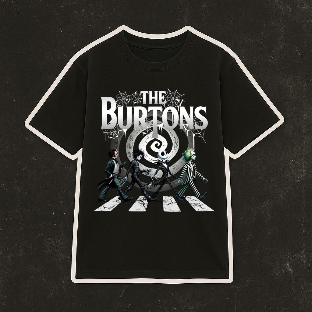 T-shirt preta com estampa dos personagens 'THE BURTONS' atravessando faixa de peões.