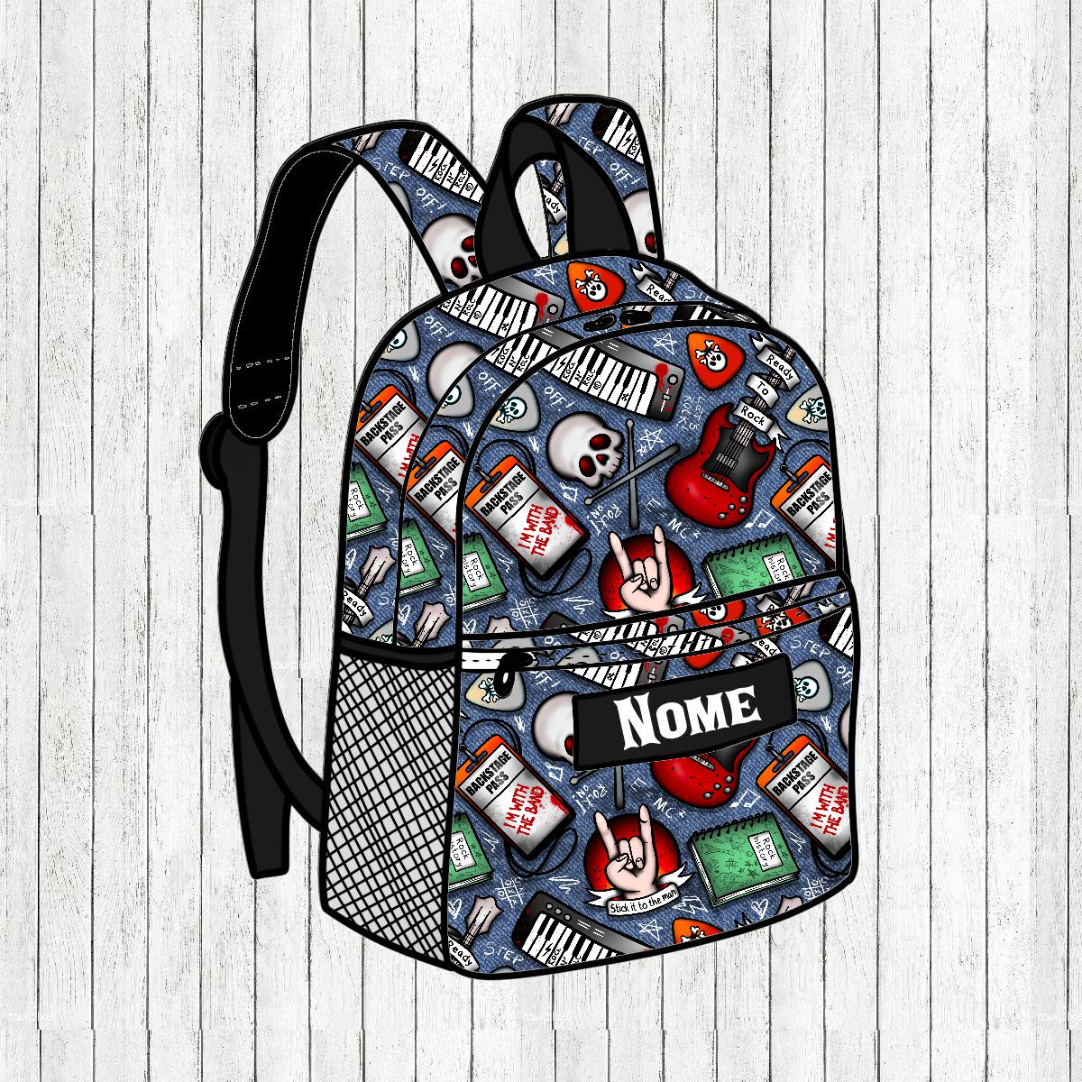 Mochila azul com padrão musical e bolso frontal com texto NOME