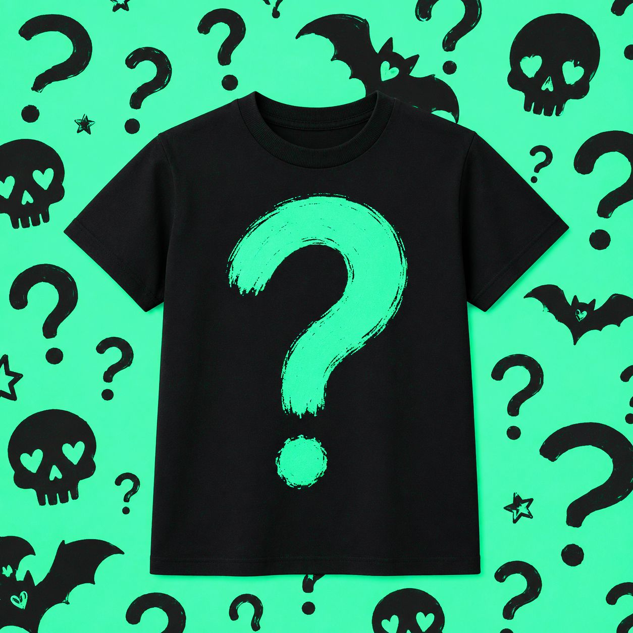 T-shirt preta com símbolo de ponto de interrogação verde