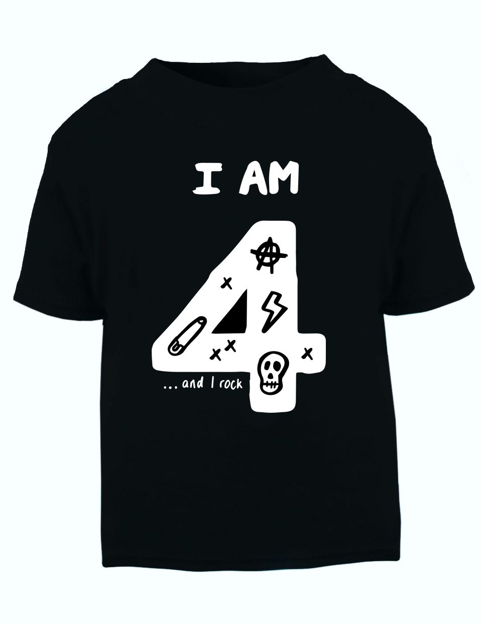 T-shirt preta para criança com texto e desenhos em branco