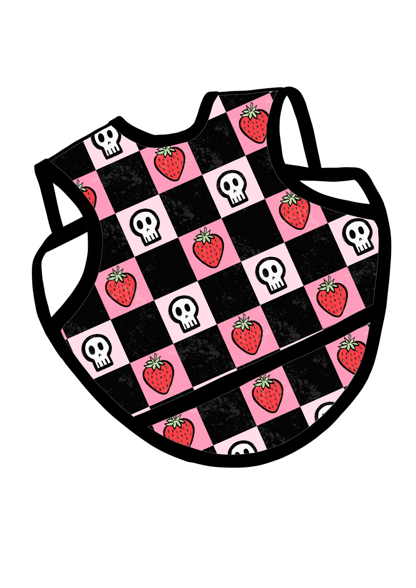 Babete para bebé com padrão quadriculado rosa e preto com morangos e caveiras