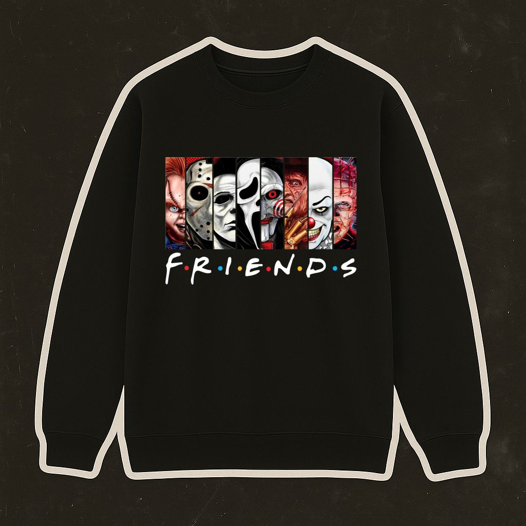 Sweatshirt preta com rostos de personagens de terror e texto F.R.I.E.N.D.S.