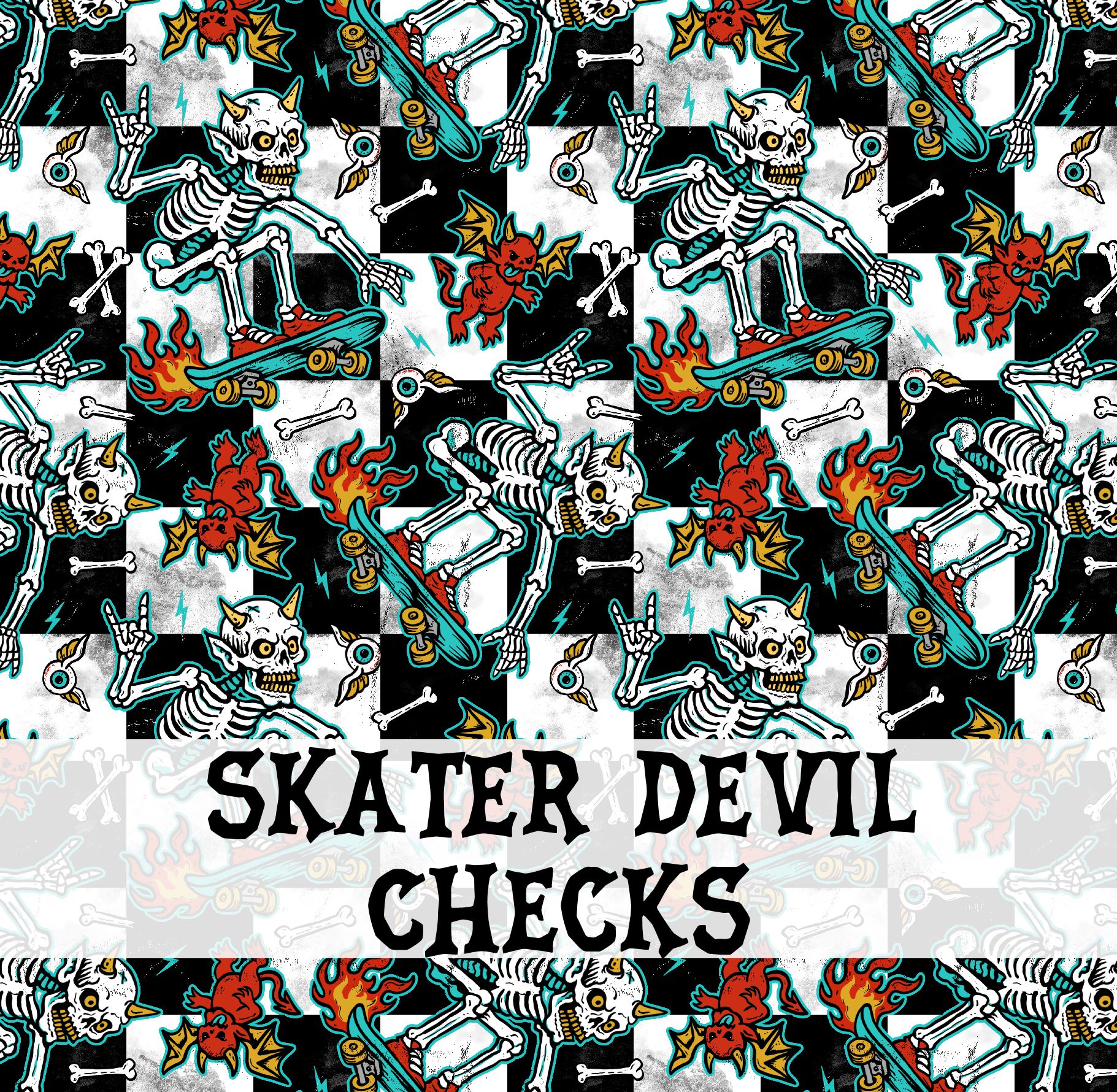 Padrão gráfico de esqueletos diabólicos em skate e pequenos diabos vermelhos sobre fundo quadriculado com texto SKATER DEVIL CHECKS