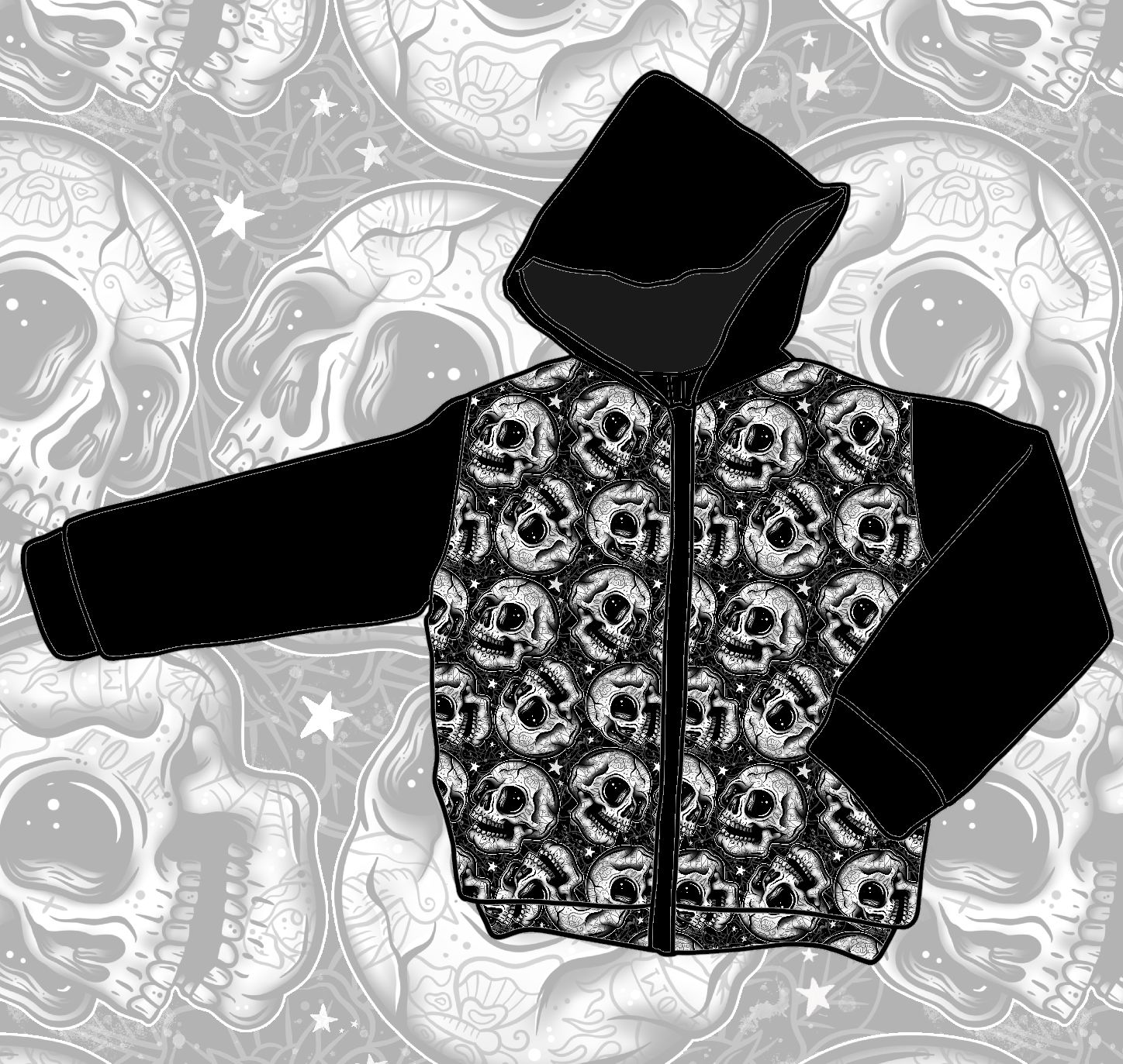 Casaco com capuz e padrão de caveiras preto e branco