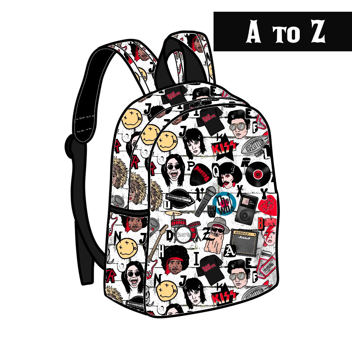 mochila com padrão colorido e texto KITT