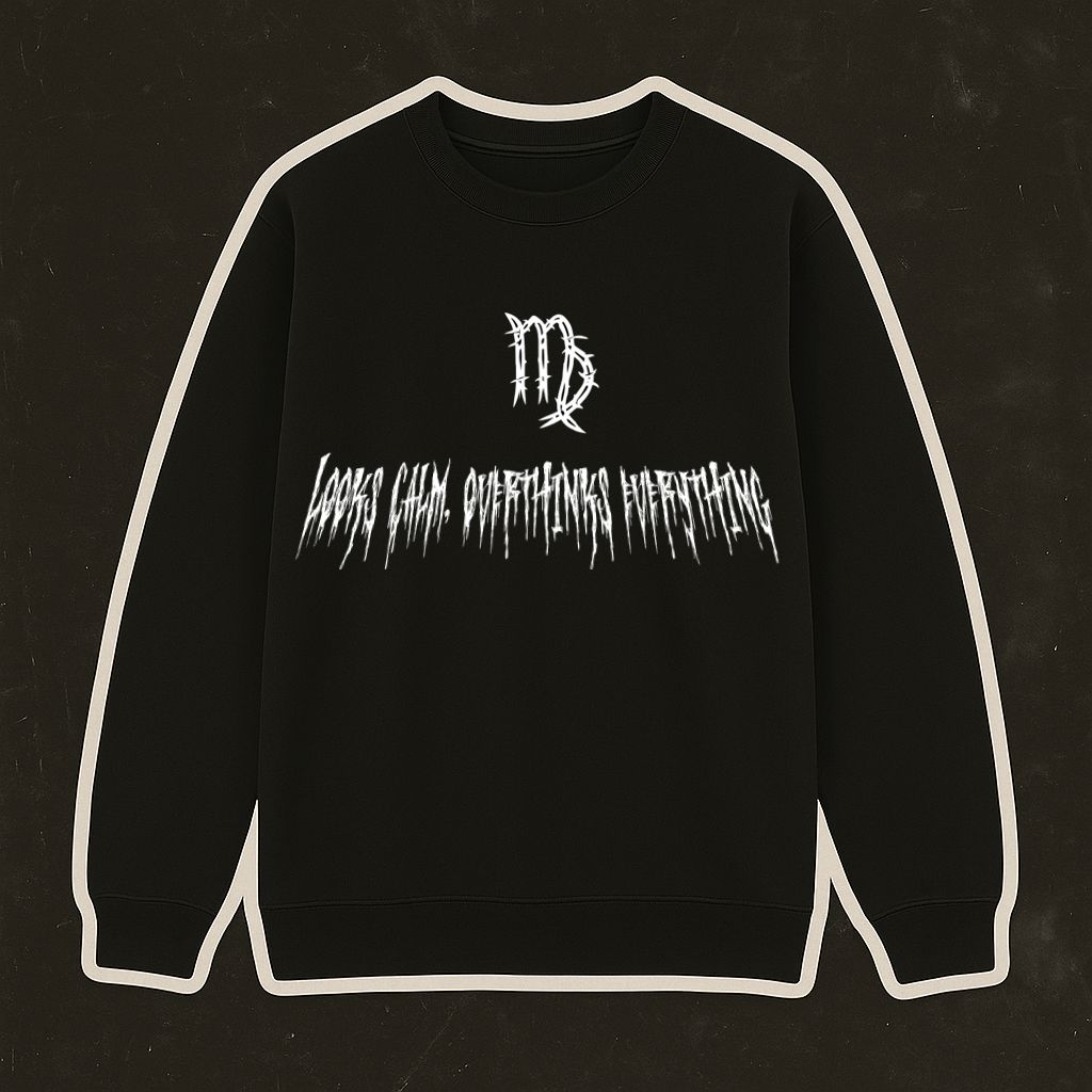 Sweatshirt preta com símbolo de Virgem em arame farpado e texto branco estilizado