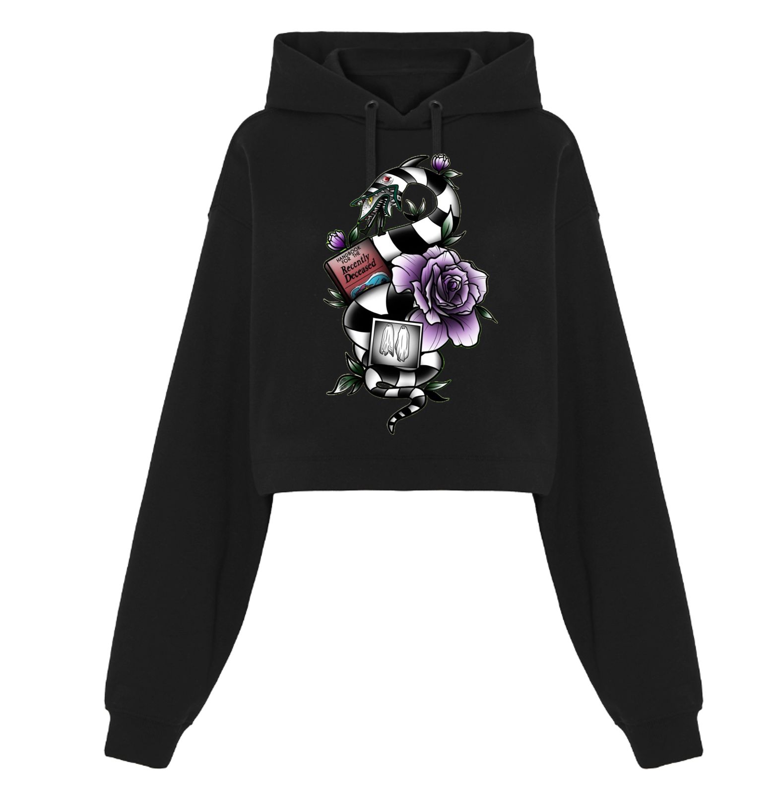 Sweatshirt preta cropped com estampa de serpente, flor roxa e frascos de perfume