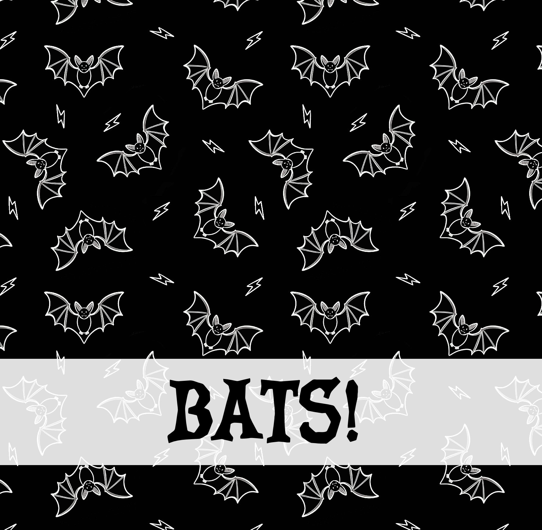 Padrão preto com morcegos brancos, relâmpagos e texto BATS!