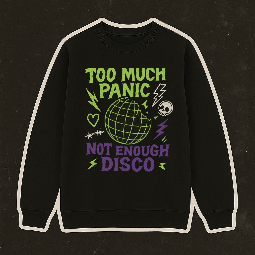 Sweatshirt preta com estampado gráfico colorido e texto em inglês.