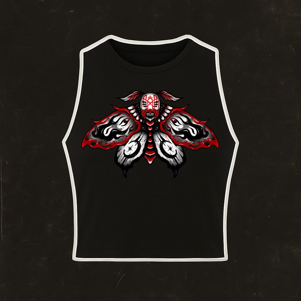 T-shirt preta sem mangas com estampa colorida de borboleta estilizada