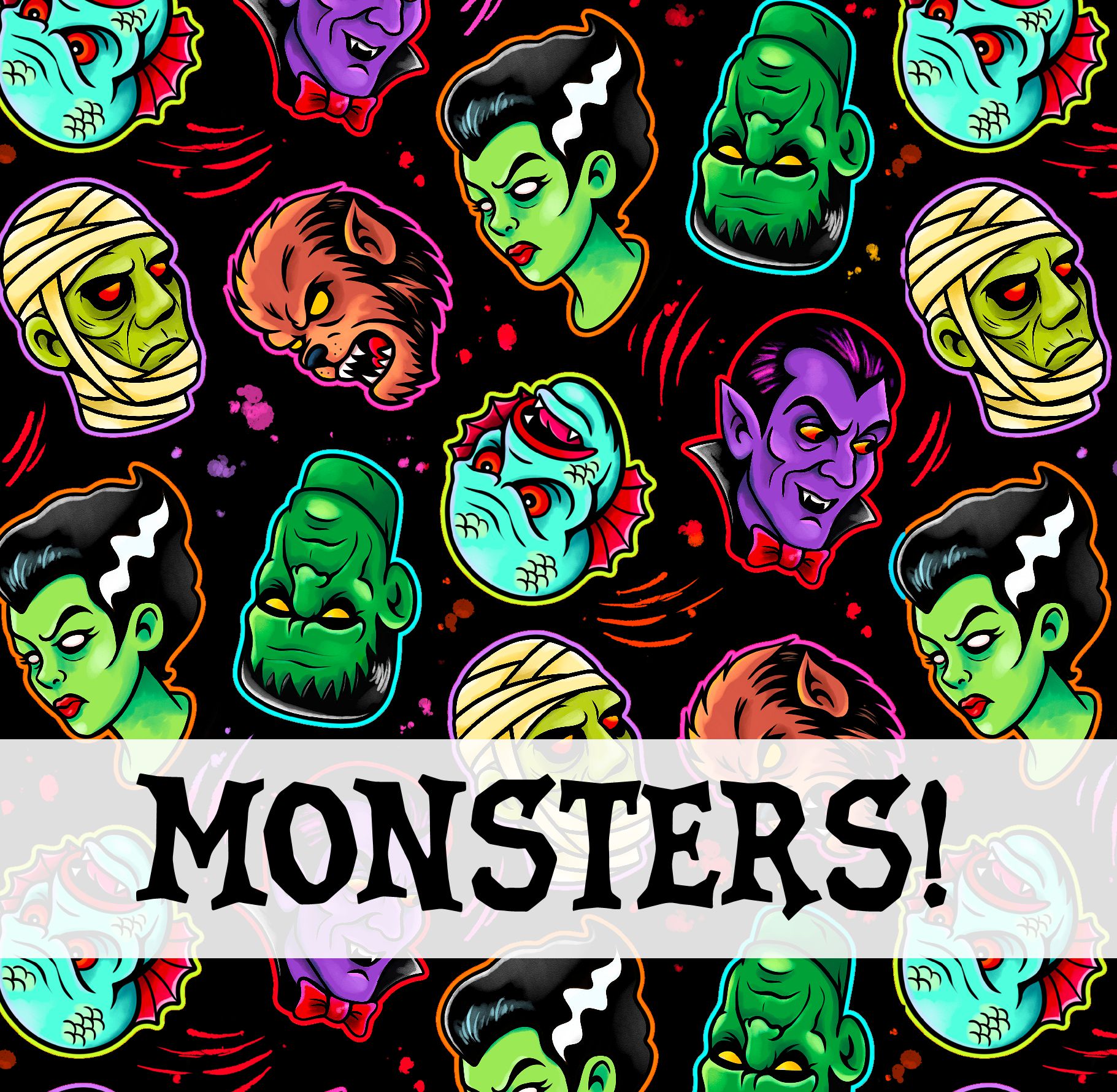 Estampa colorida de monstros clássicos com texto MONSTERS!