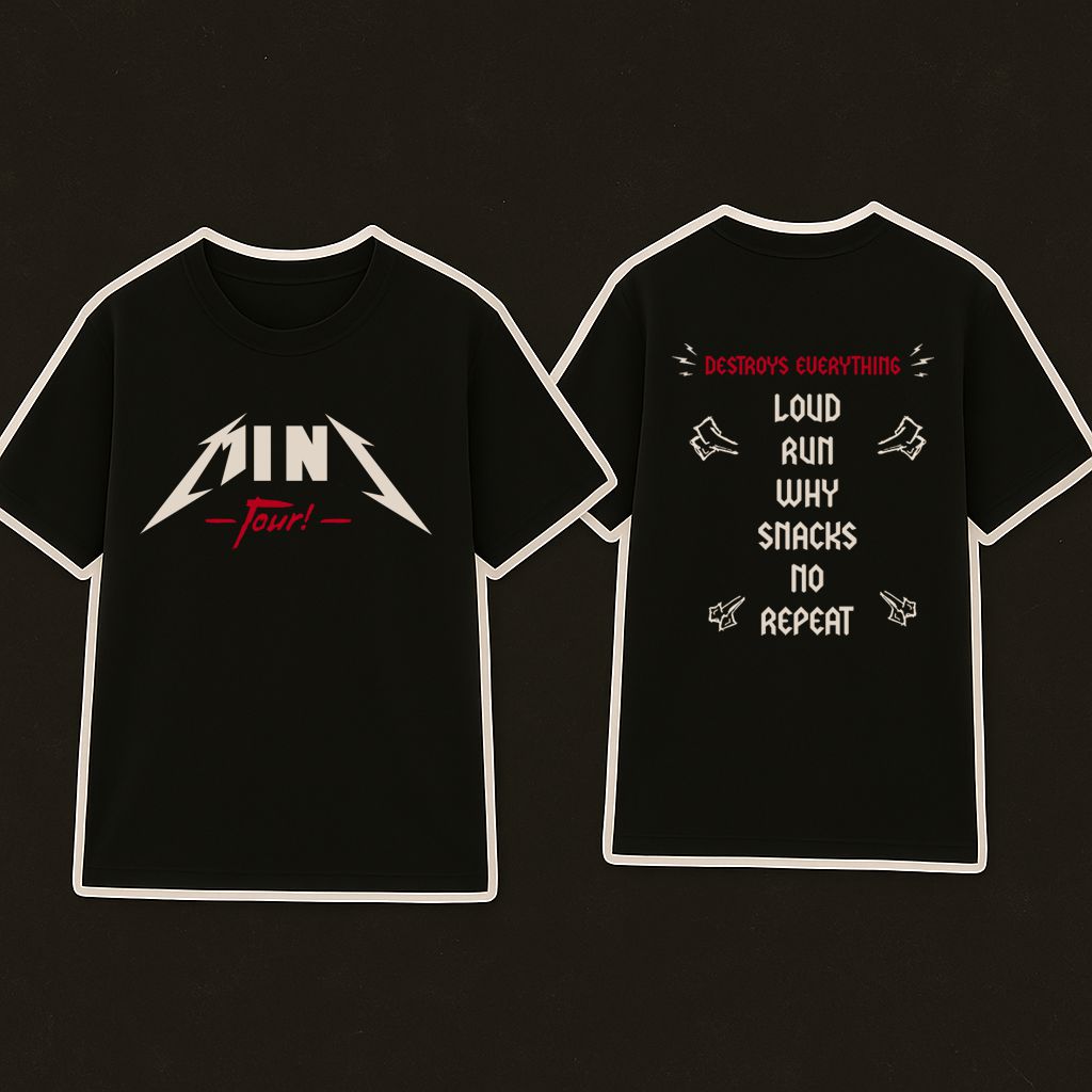 Camisetas pretas com texto e desenhos em branco e vermelho