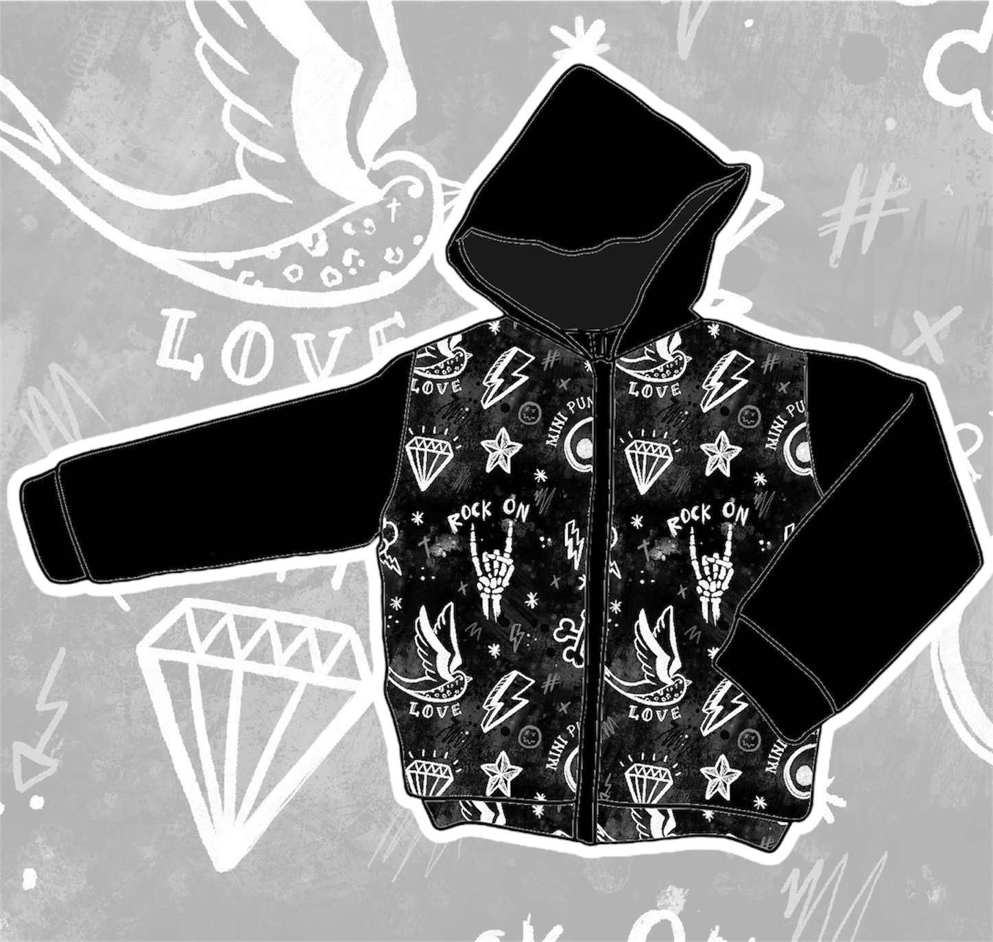 Camisola preta com capuz e padrão gráfico branco com textos e desenhos