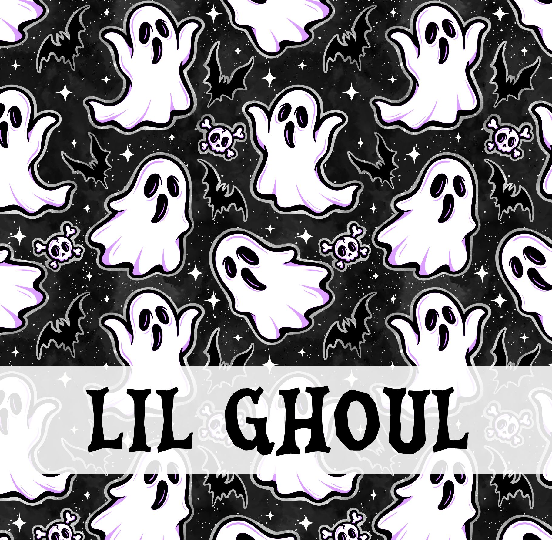 Padrão Halloween com fantasmas, morcegos, caveiras e texto LIL GHOUL.
