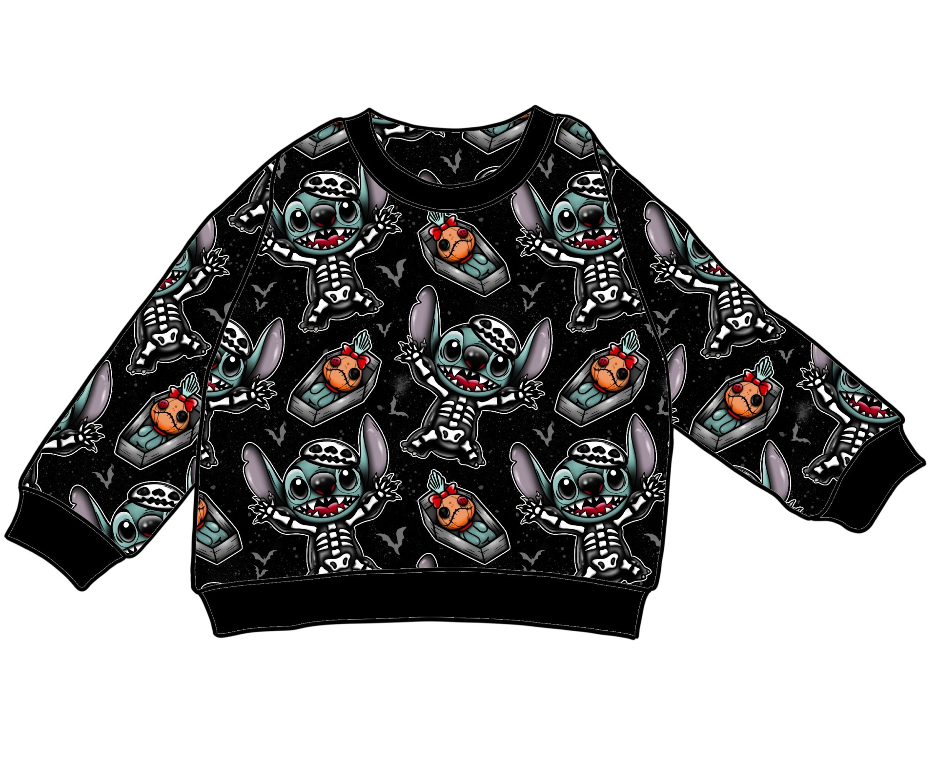 Sweatshirt infantil preta com padrão da personagem Stitch pirata e corações cinza.