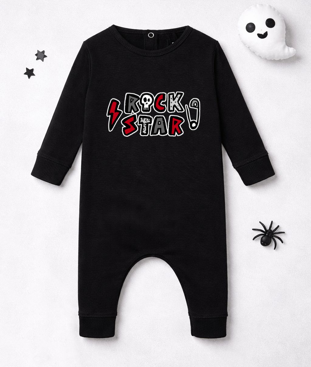 Macacão preto para bebé ROCK STAR com manga comprida e estampado colorido