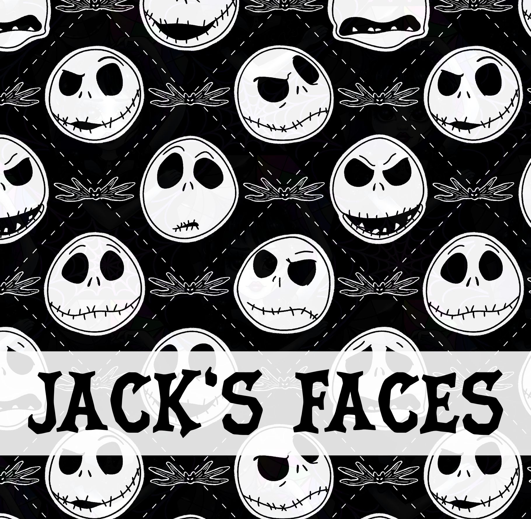 Estampa padrão preta com faces de Jack brancas e texto JACK'S FACES.