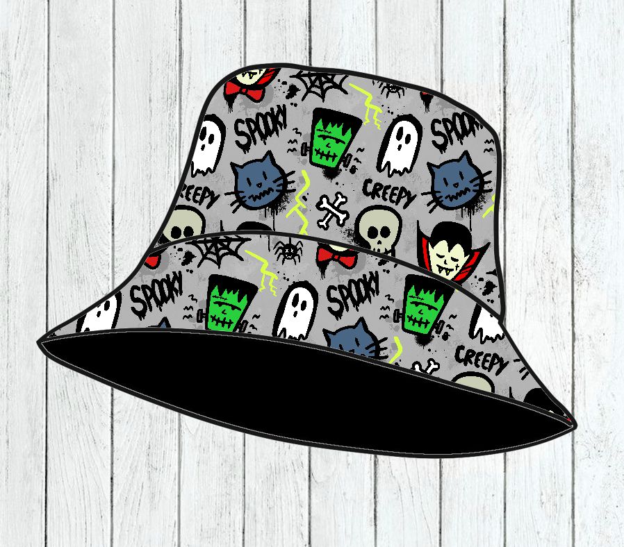 chapéu tipo balde cinzento com padrão de Halloween colorido