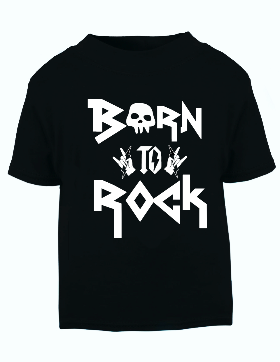 T-shirt preta com texto branco Born to Rock e desenho de crânio e mãos fazendo sinal de rock