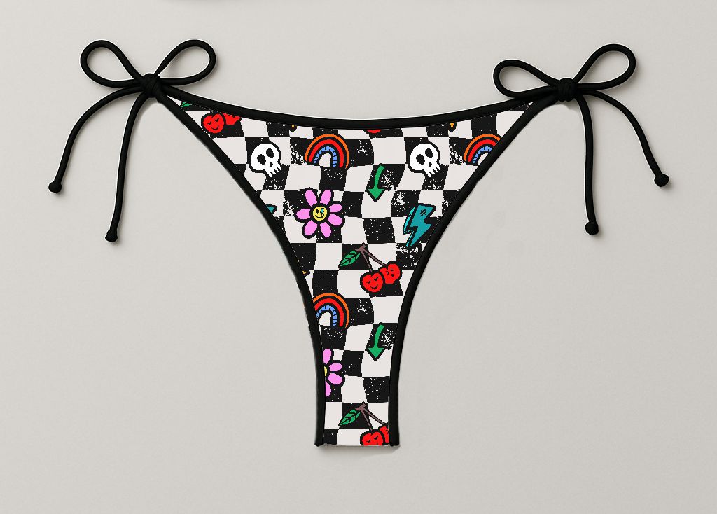 Cueca de bikini com padrão quadriculado e desenhos coloridos