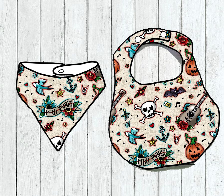 Babete e bandana para bebé com padrão de tatuagens coloridas em fundo bege