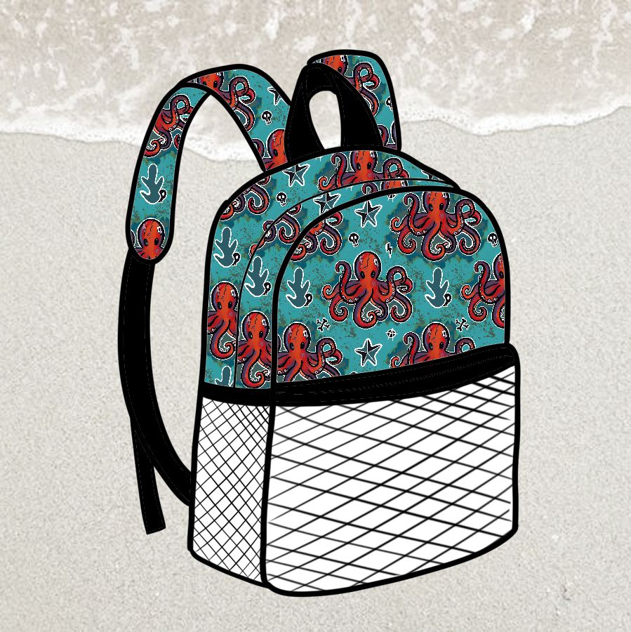 mochila azul com polvos vermelhos e bolso branco com padrão de rede