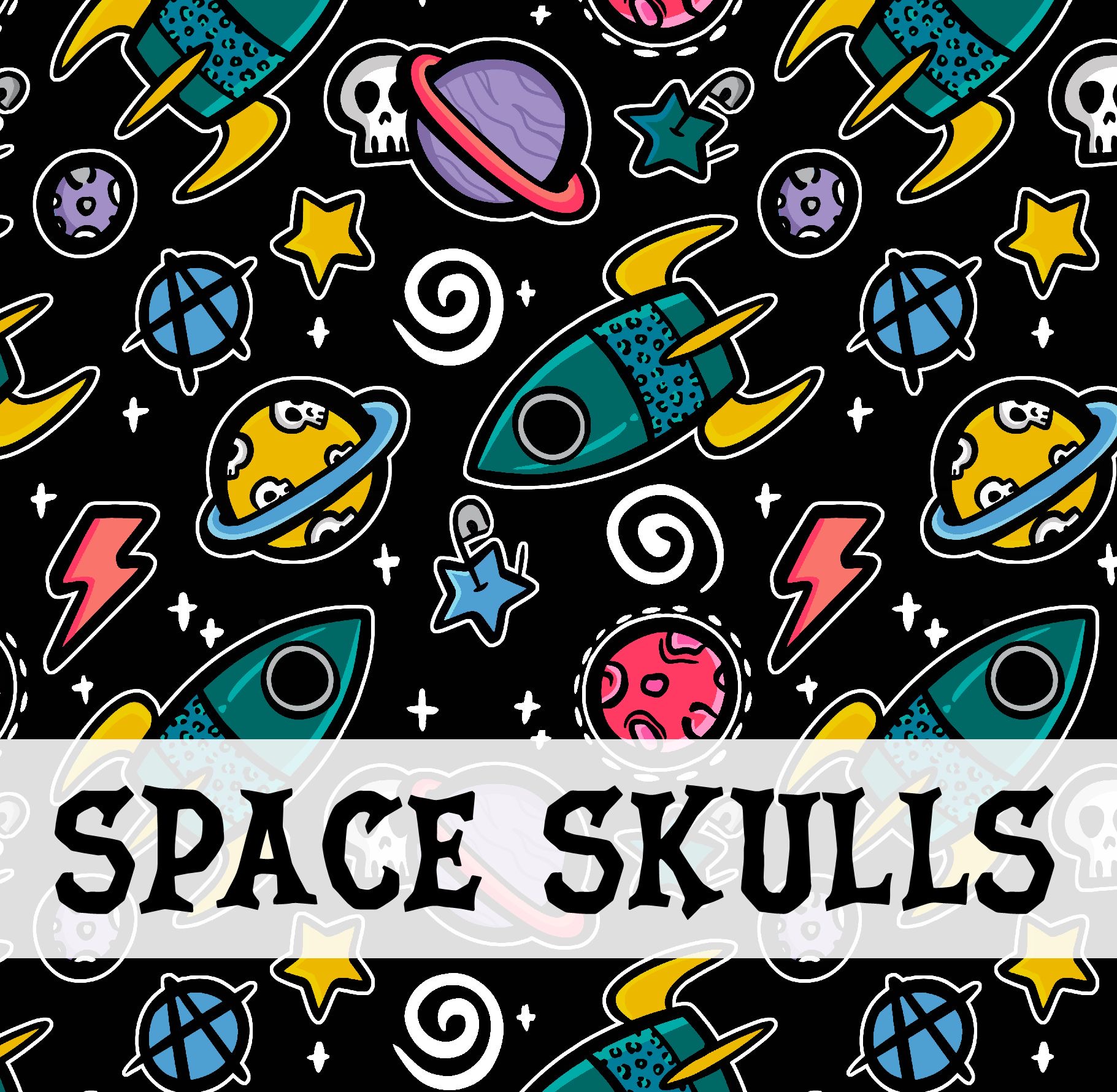 Padrão espacial com caveiras e foguetes coloridos e texto SPACE SKULLS