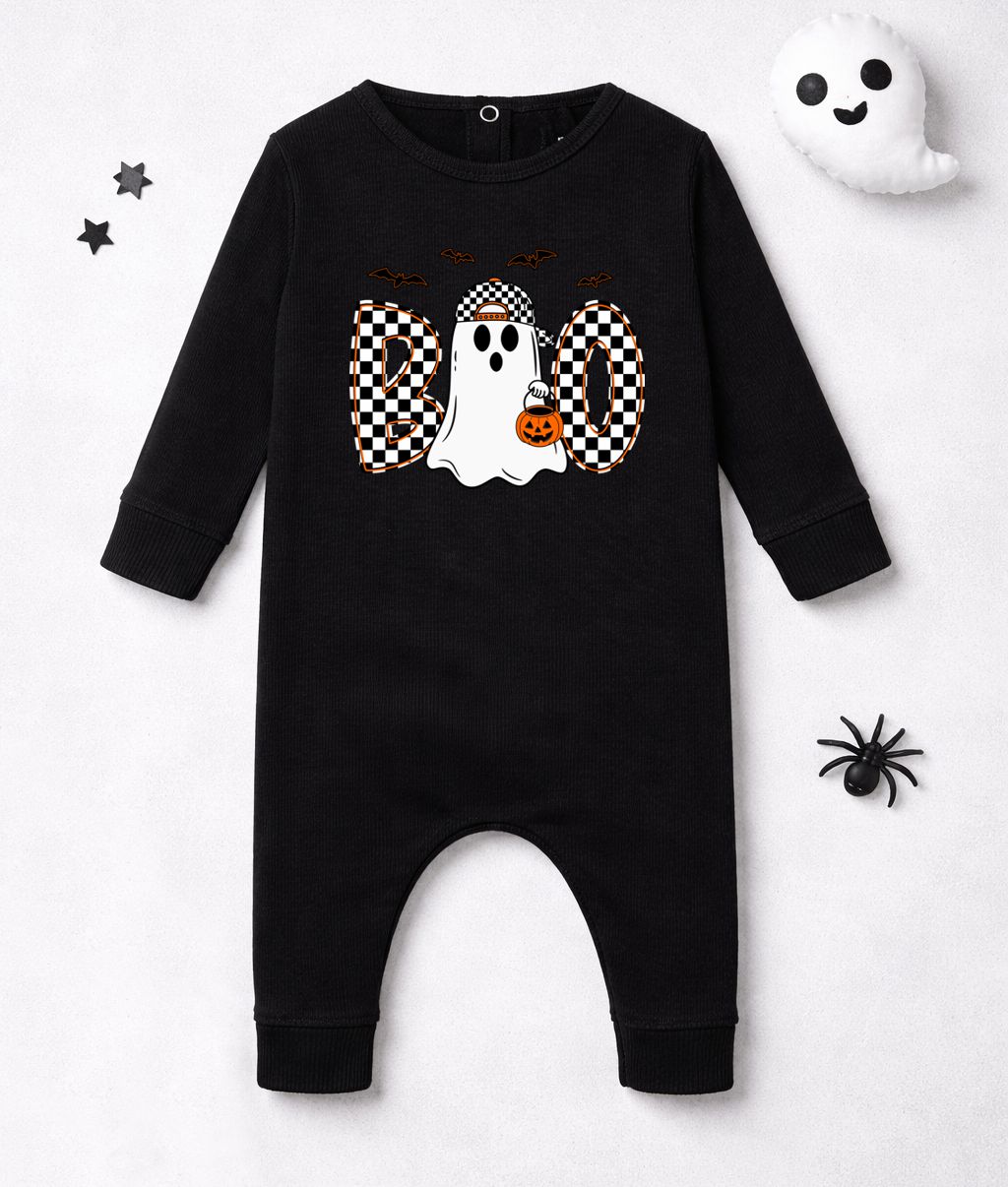 Macacão bebé preto com estampa Halloween BOO e fantasma