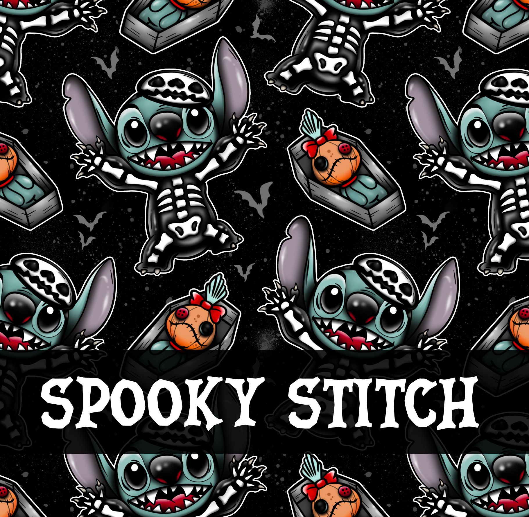 Padrão de Stitch em fato de esqueleto com texto SPOOKY STITCH