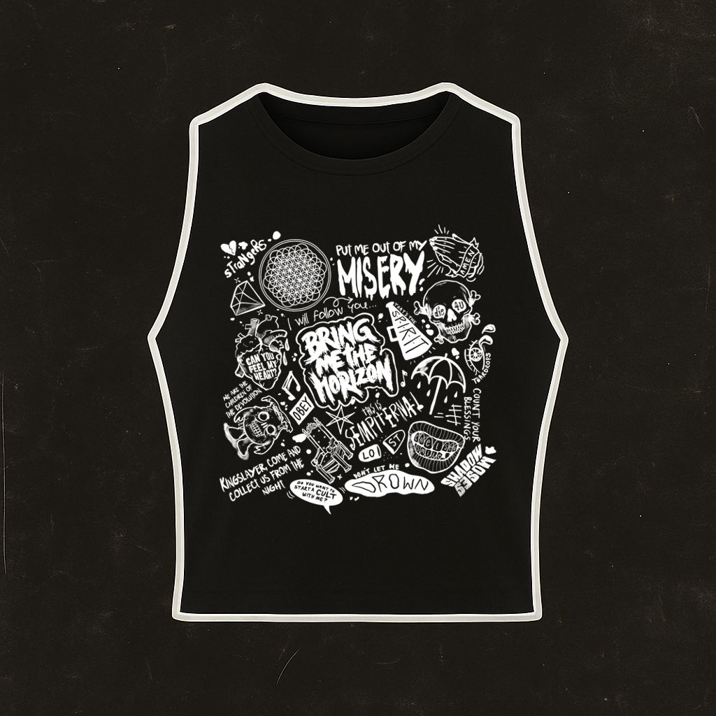 Camisola preta sem mangas com estampados brancos de desenhos e texto.