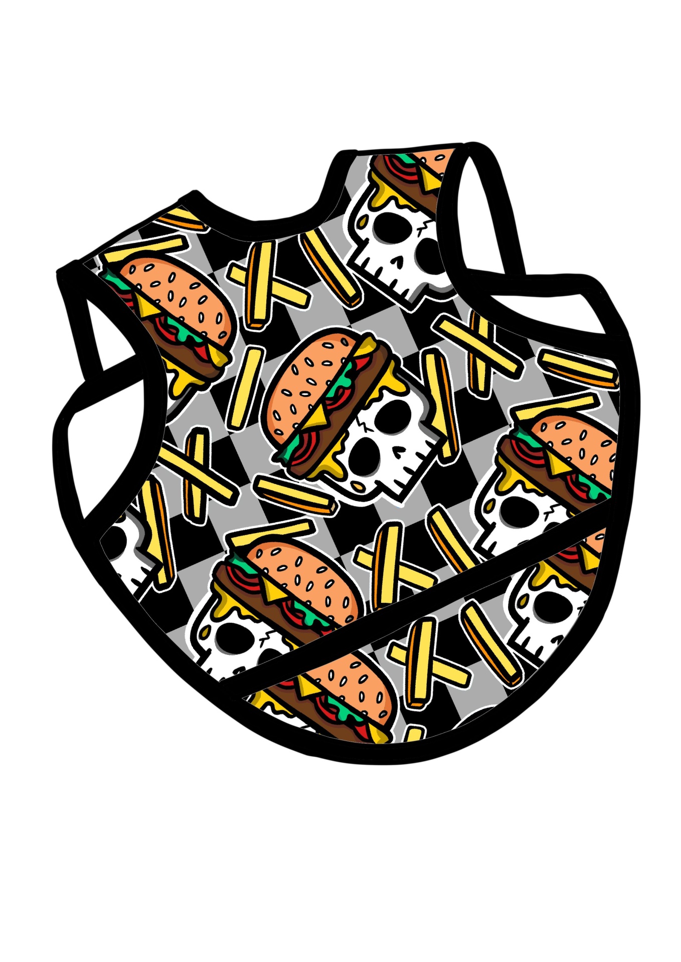 Babete com padrão de caveiras, hambúrgueres e batatas fritas com bordas pretas
