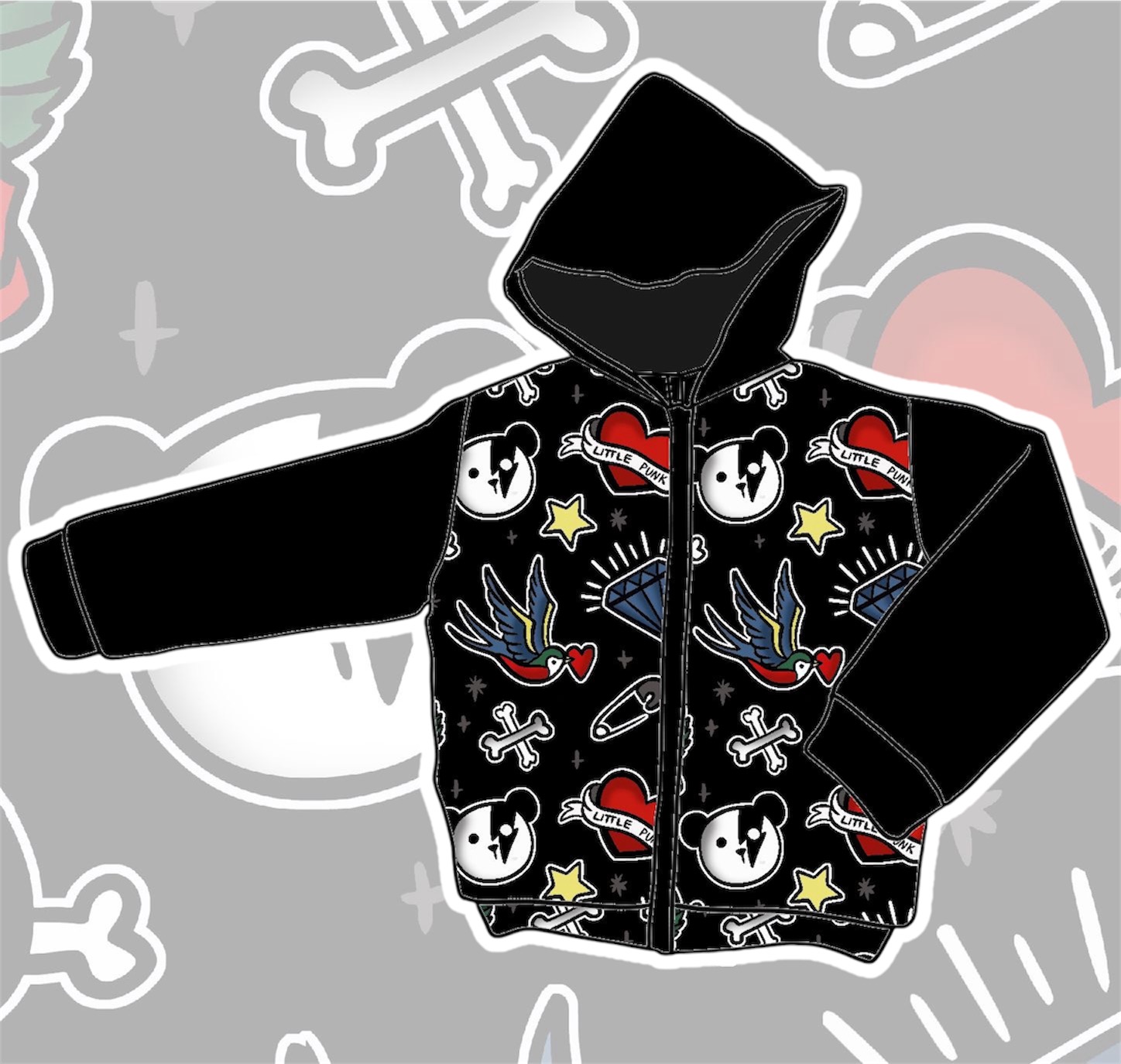 Casaco com capuz infantil preto com padrão colorido e desenhos de tatuagens.