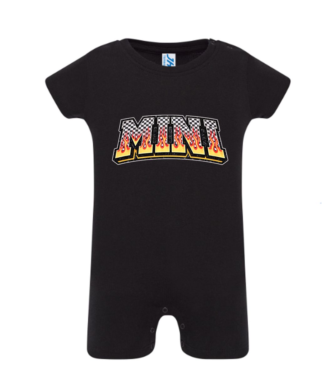 Macacão curto preto para bebé com estampado colorido MINI no peito