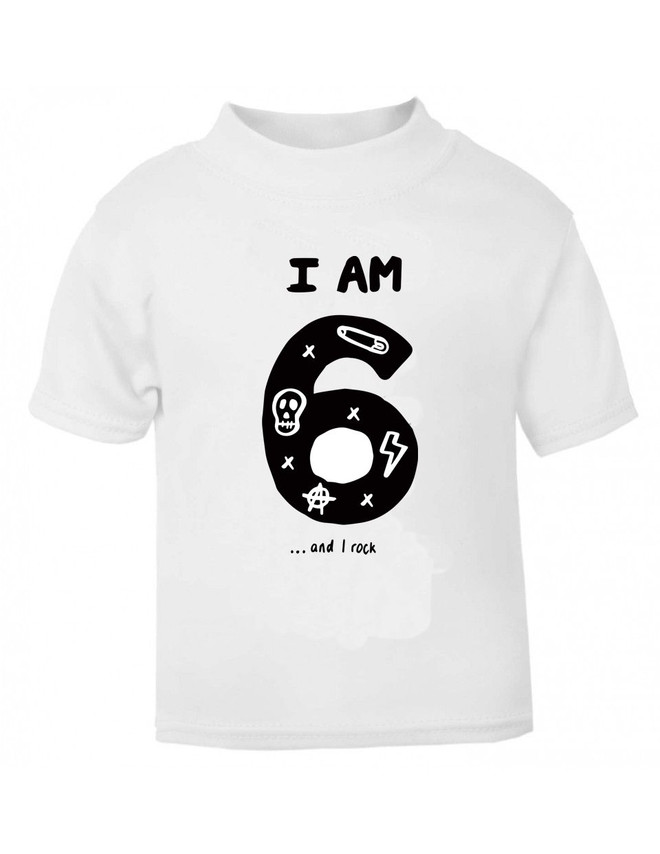 T-shirt branca com estampa preta com número 6 e texto 'I AM 6 ... and I rock'