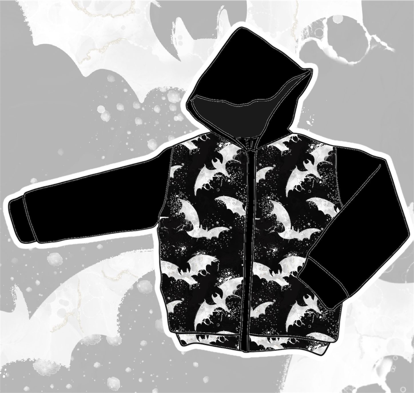 Casaco preto com capuz e padrão de morcegos brancos e pretos no corpo