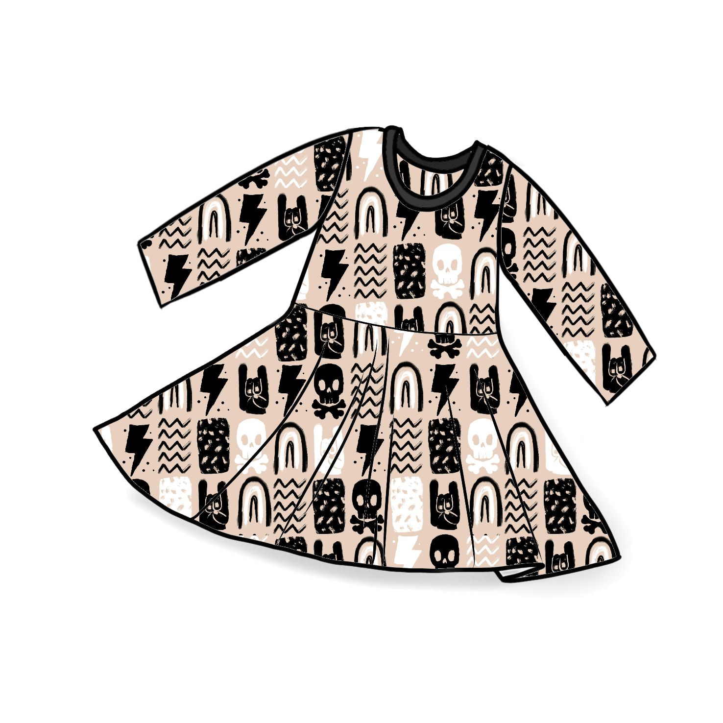 Vestido infantil bege com padrões pretos e brancos e gola preta