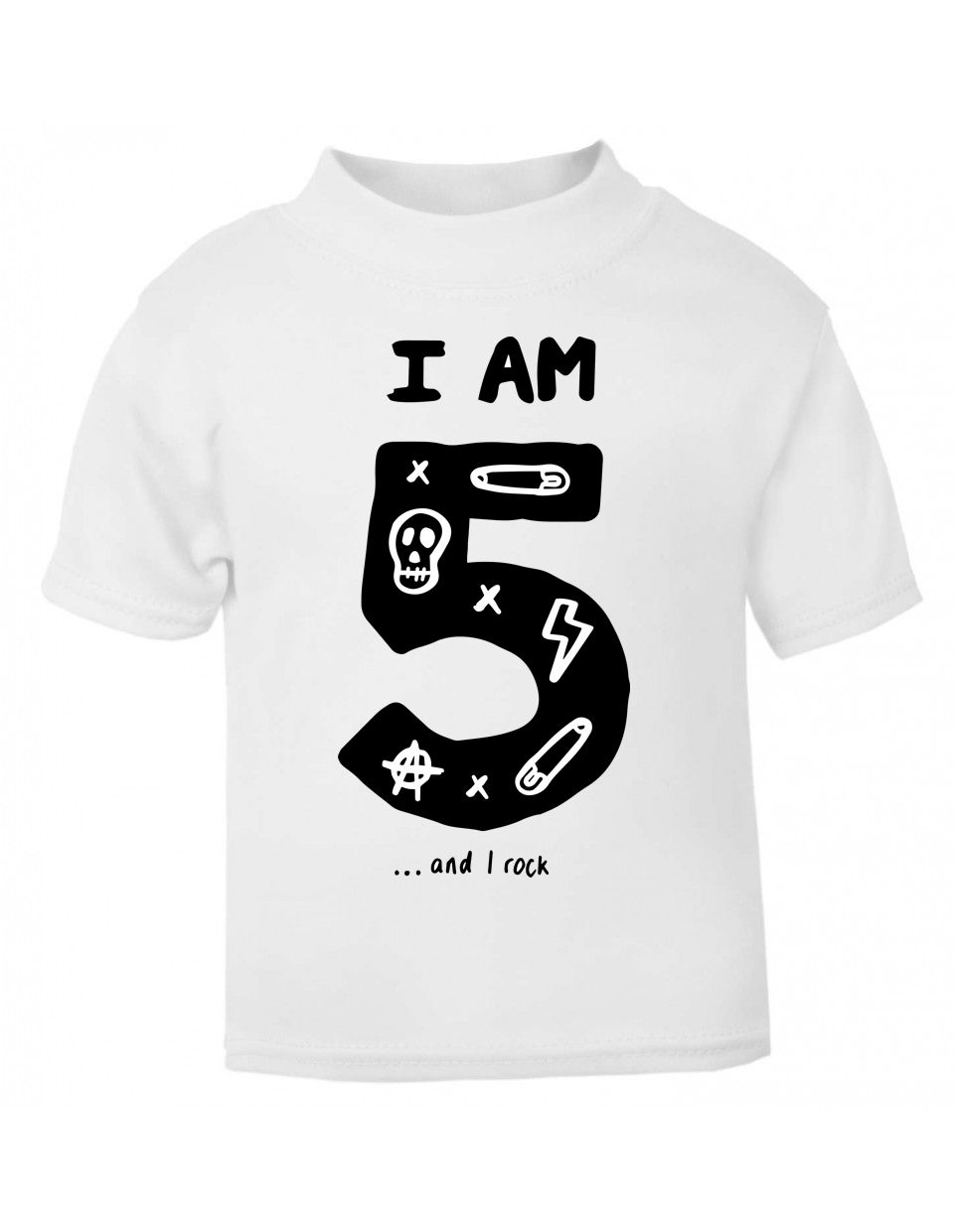 T-shirt branca para criança com texto e número 5 decorado em preto