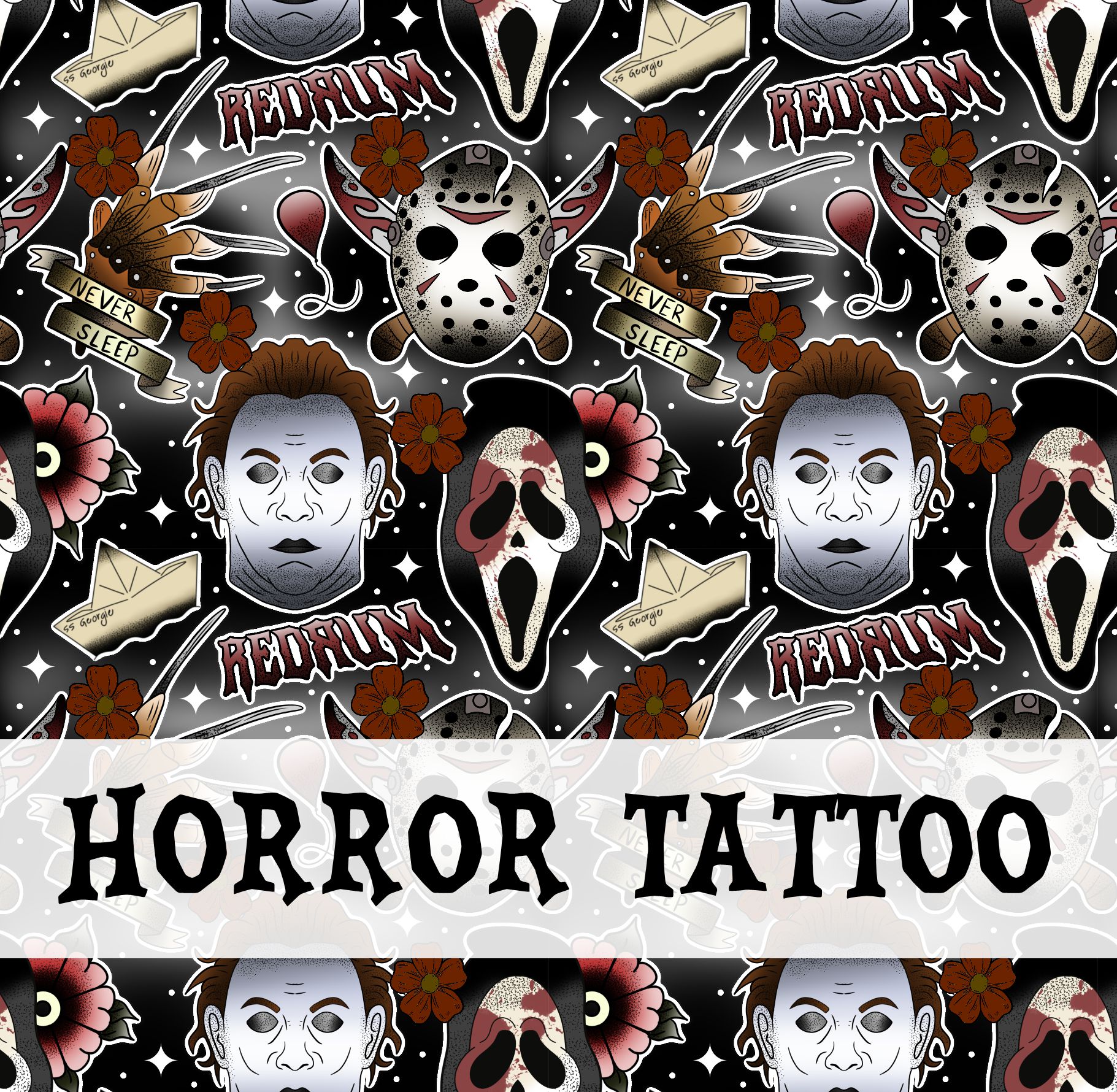 Padrão repetitivo com máscaras de filmes de terror e texto Horror Tattoo