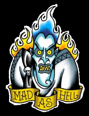 Ilustração de figura azul com chamas e texto MAD AS HELL em fita amarela