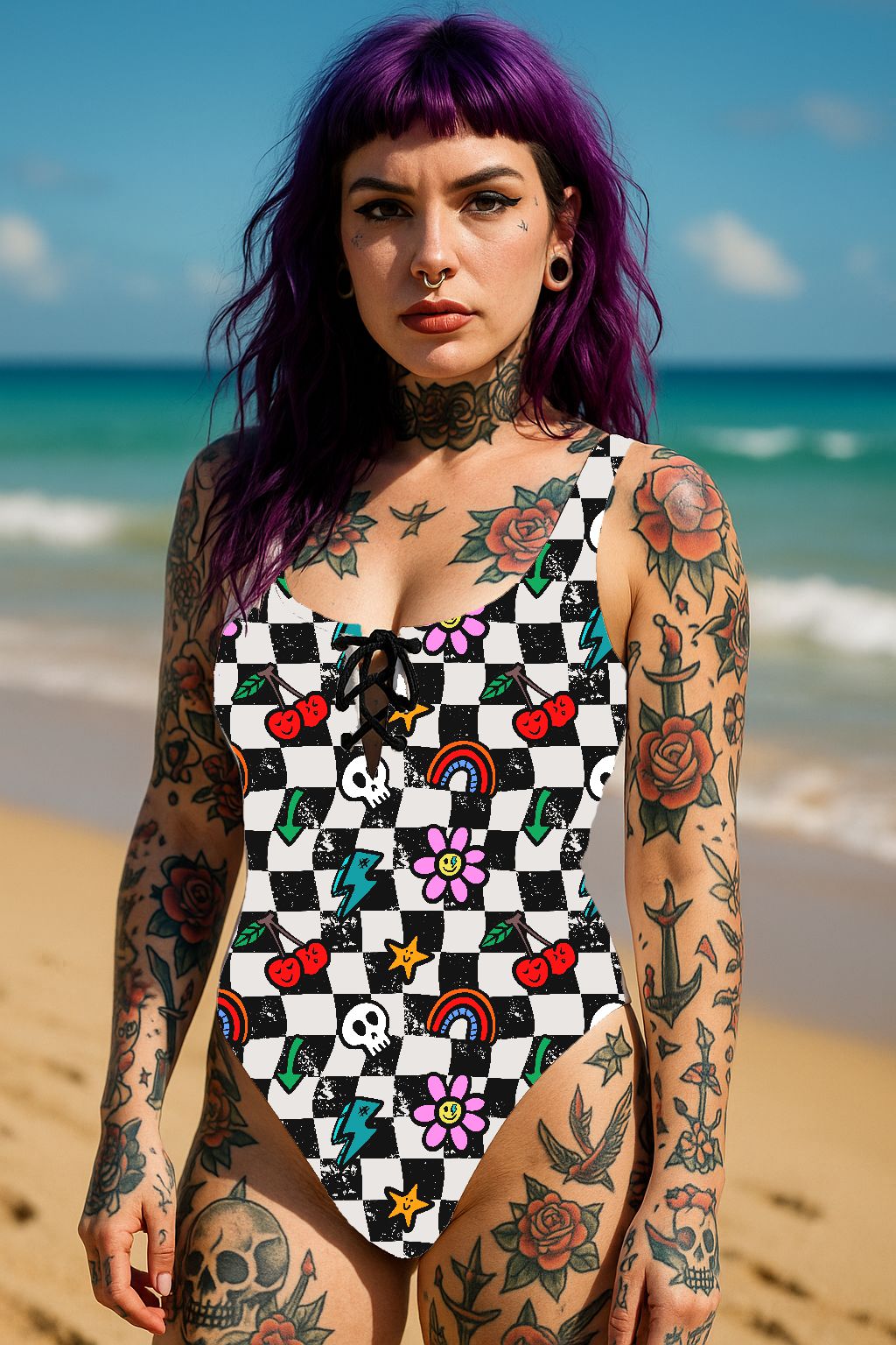 Fato de banho com padrão colorido de desenhos e azulejos em preto e branco usado por mulher tatuada na praia