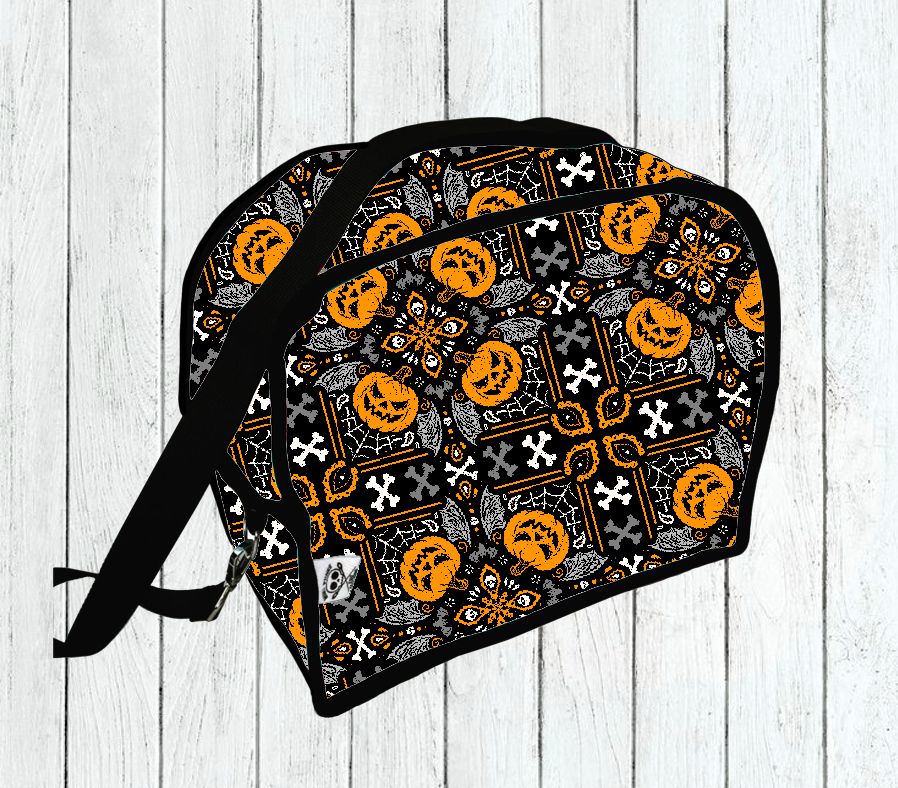 Bolsa preta com padrão Halloween laranja e branco
