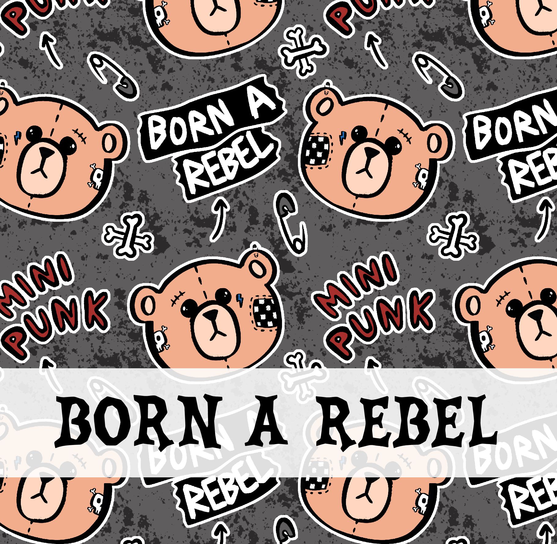Padrão com cabeças de urso e textos MINI PUNK e BORN A REBEL sobre fundo cinzento