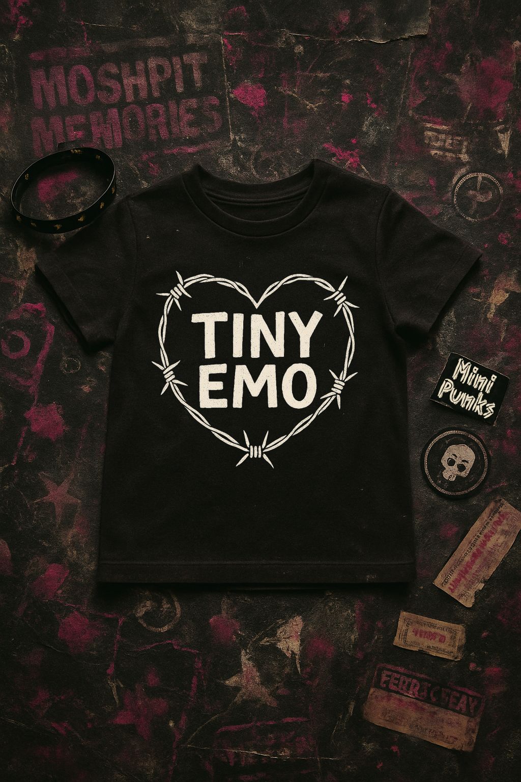 T-shirt preta com estampa em forma de coração e texto TINY EMO
