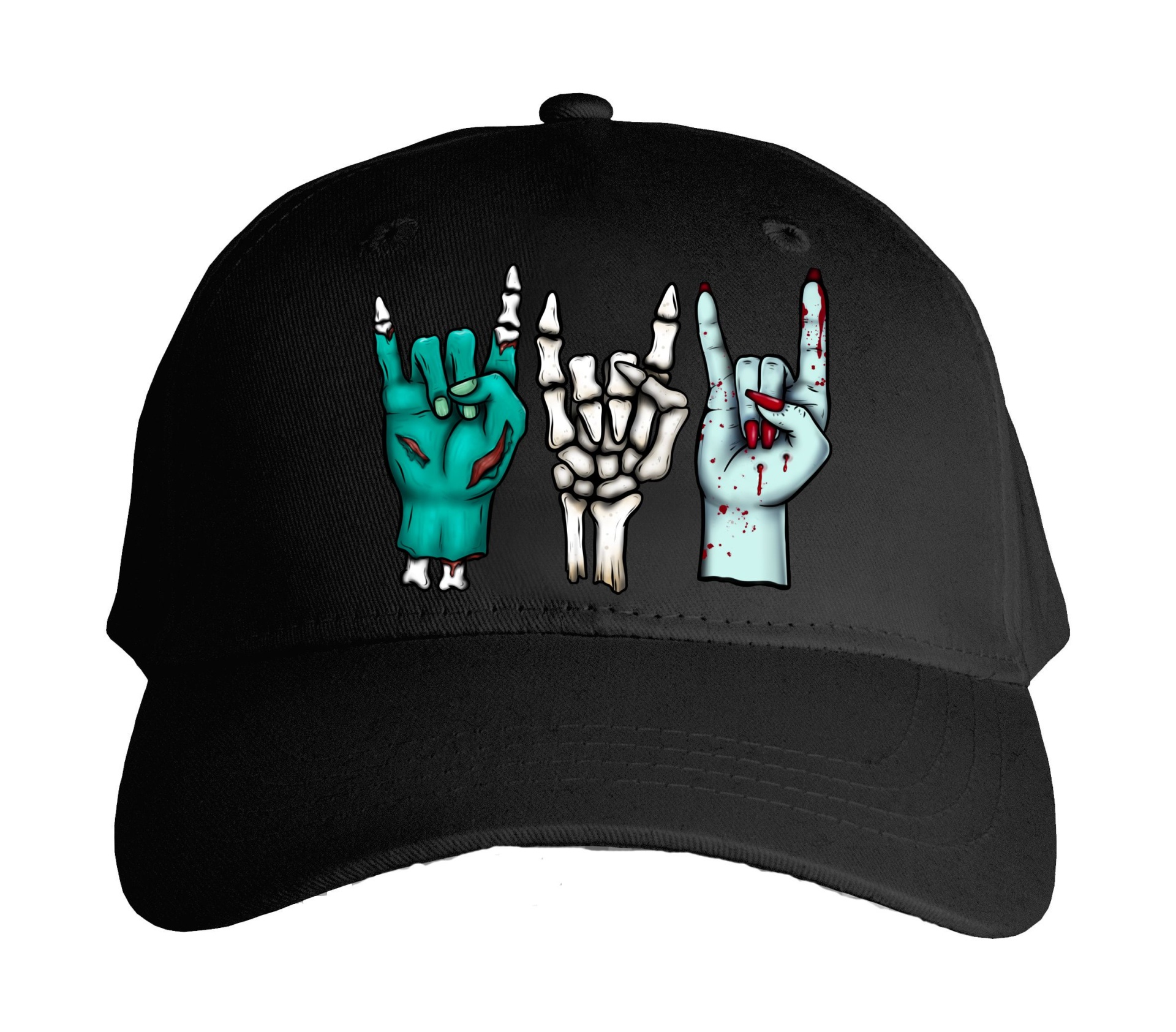 Boné preto com ilustração de mãos coloridas fazendo sinais de chifrinho